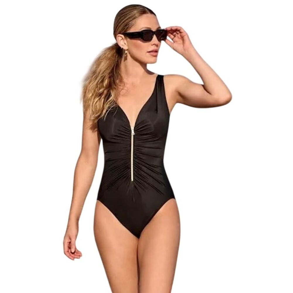 Miraclesuit Black Zip Front Ruched One Piece Swimsuit Glam Beach Resort Y2K